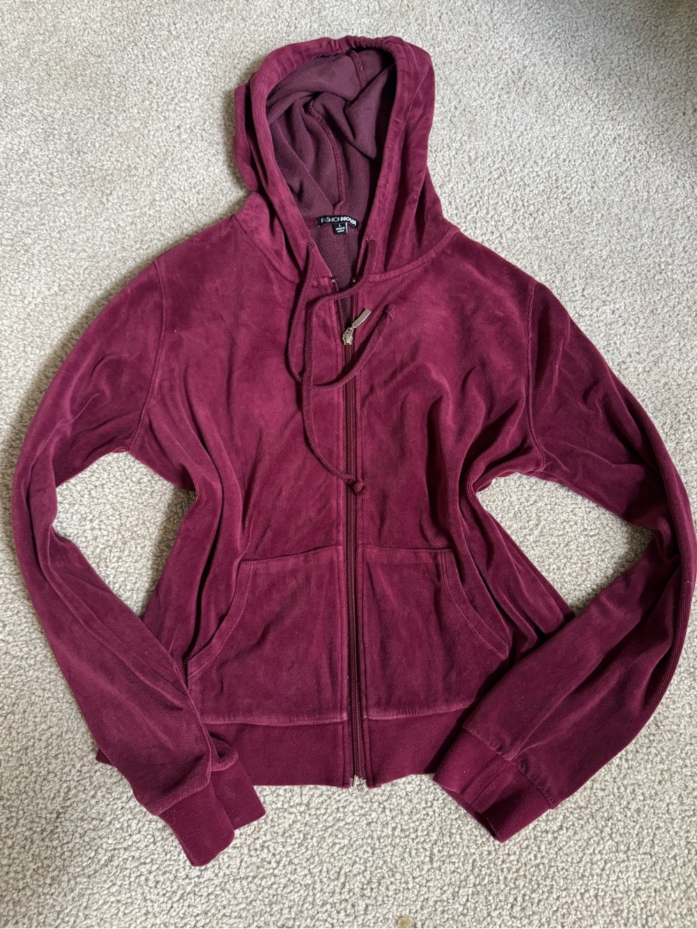 Fashion Nova Women’s Wine Velour Zip Hoodie y2k long sleeve